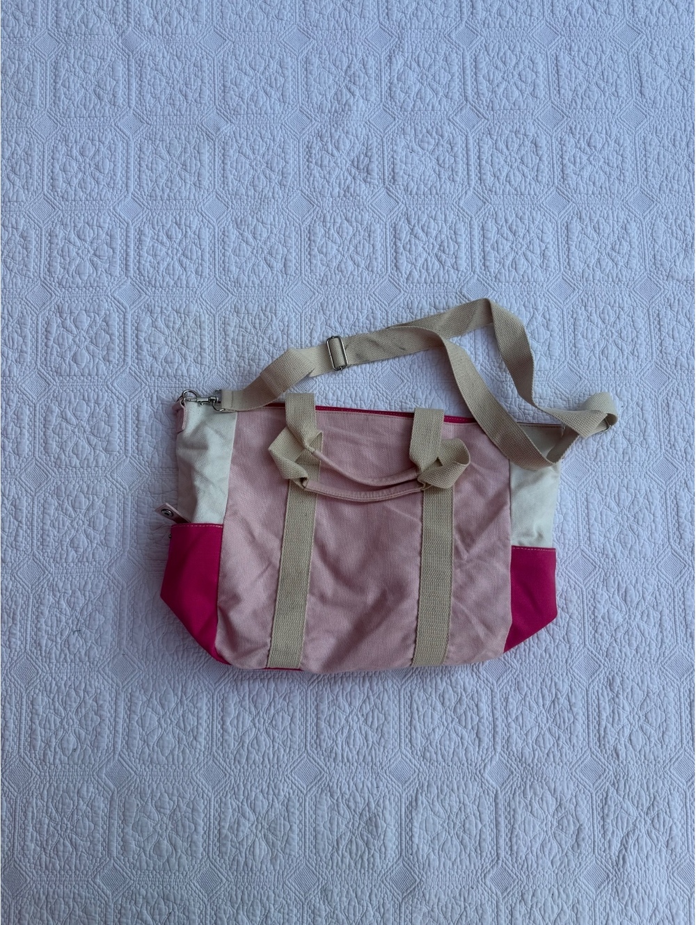 Pink and Cream Canvas Tote Bag with Adjustable Strap and Yellow Interior